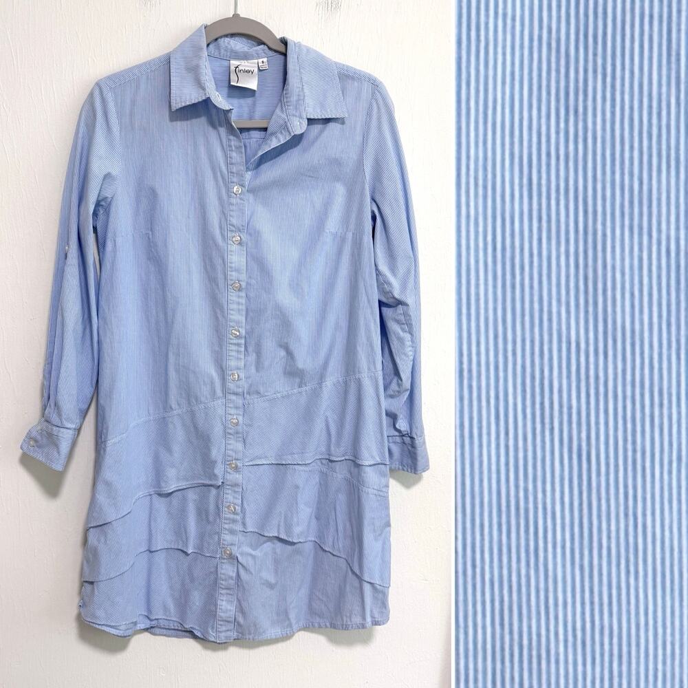 Finley Long Sleeve Button Up Shirt Dress S Blue White Pinstripe Euro Summer
